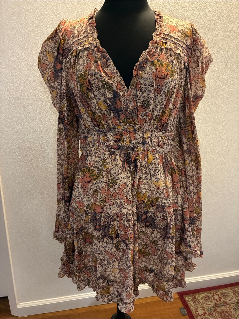 Ulla Johnson NWT Long-Sleeve Floral Ruffle Dress in Pink, Yellow, Green Size 12